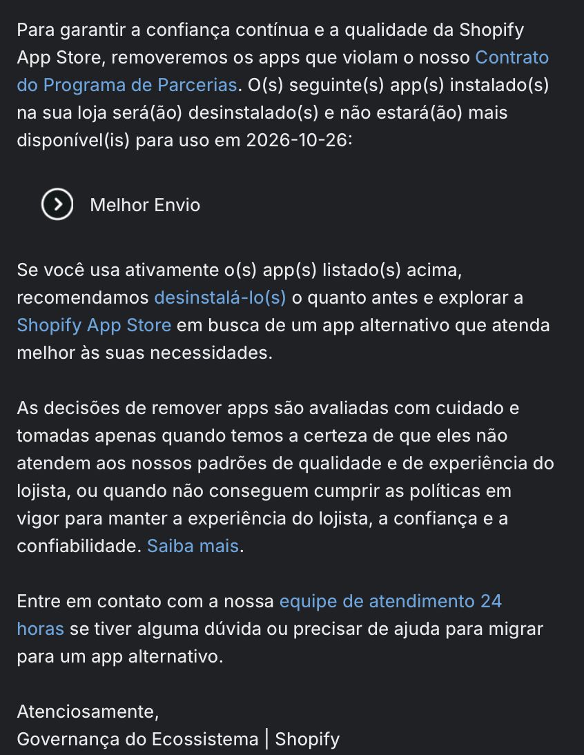 Comunicado da Shopify informando a remoção do app Melhor Envio em 26/10/2026
